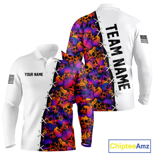 Colorful Skull American Flag Mens Long Sleeve Polo Shirt Front and Back View Custom Name, Custom Team Name