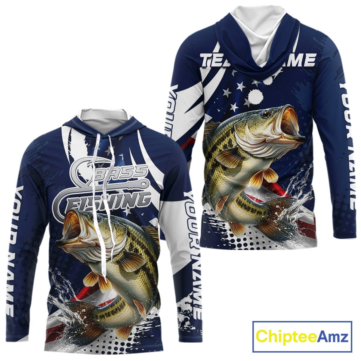 Bass Fishing American Flag Custom Long Sleeve Hooded Tournament Fishing Shirts, Patriotic Bass Fishing Jerseys NBT717