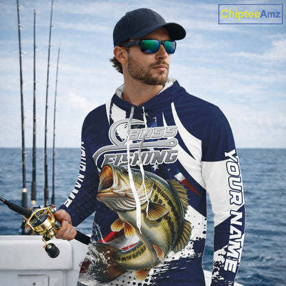 Bass Fishing American Flag Custom Long Sleeve Hooded Tournament Fishing Shirts, Patriotic Bass Fishing Jerseys NBT717