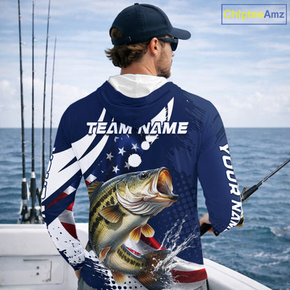 Bass Fishing American Flag Custom Long Sleeve Hooded Tournament Fishing Shirts, Patriotic Bass Fishing Jerseys NBT717