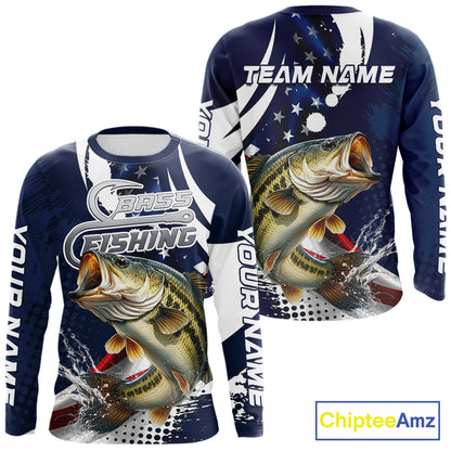 Bass Fishing American Flag Custom Long Sleeve Tournament Fishing Shirts, Patriotic Bass Fishing Jerseys NBT717