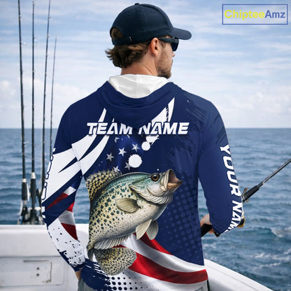 Crappie Fishing American Flag Custom Long Sleeve Hooded Tournament Fishing Shirts, Patriotic Crappie Fishing Jerseys NBT719
