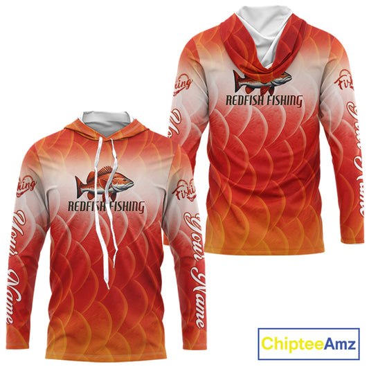 Custom Redfish Long Sleeve Hooded Fishing Shirts Fish Scale Red, Redfish Fly Fishing Performance Shirt NBT376