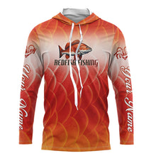 Load image into Gallery viewer, Custom Redfish Long Sleeve Hooded Fishing Shirts Fish Scale Red, Redfish Fly Fishing Performance Shirt NBT376