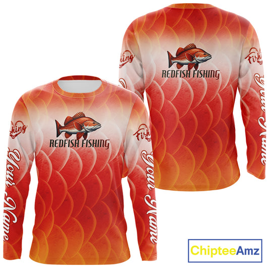 Custom Redfish Long Sleeve Fishing Shirts Fish Scale Red, Redfish Fly Fishing Performance Shirt NBT376