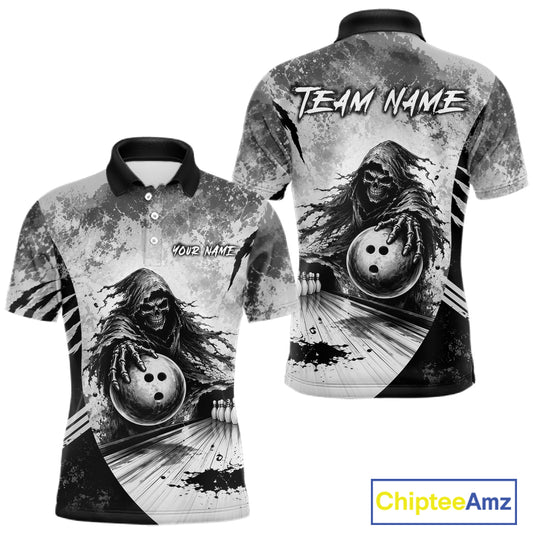 Custom Gray Camo Skeleton Grim Reaper Bowling Men Quarter-Zip Shirt, Halloween Bowling Jersey NBT911