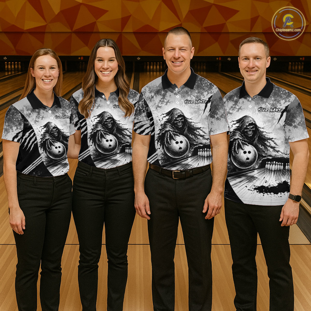 Custom Gray Camo Skeleton Grim Reaper Bowling Women Quarter-Zip Shirt, Halloween Bowling Jersey NBT911