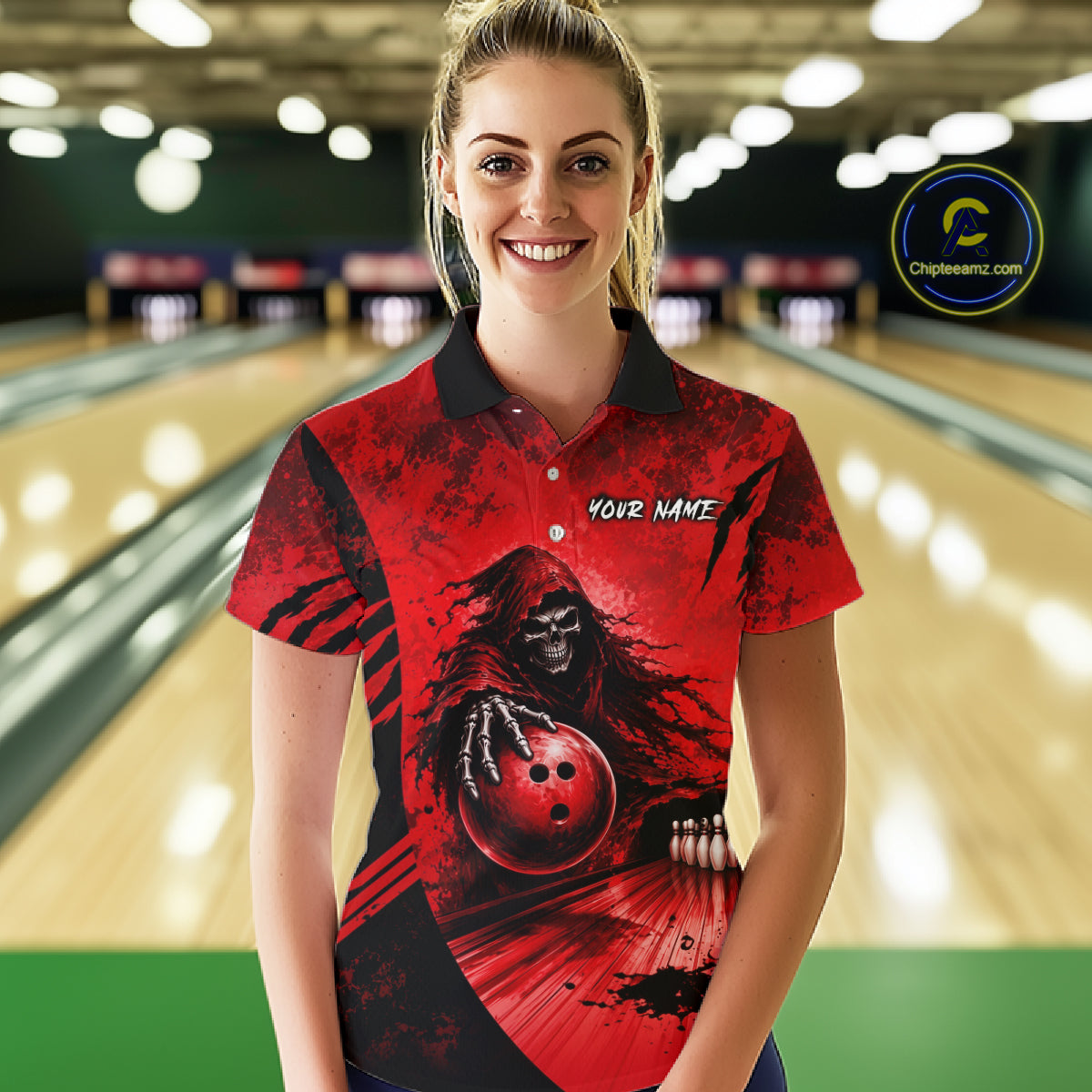 Custom Red Camo Skeleton Grim Reaper Bowling Women Quarter-Zip Shirt, Halloween Bowling Jersey NBT912