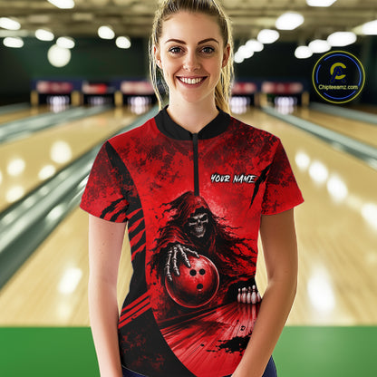 Custom Red Camo Skeleton Grim Reaper Bowling Women Quarter-Zip Shirt, Halloween Bowling Jersey NBT912