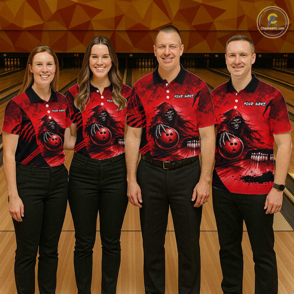 Custom Red Camo Skeleton Grim Reaper Bowling Women Quarter-Zip Shirt, Halloween Bowling Jersey NBT912
