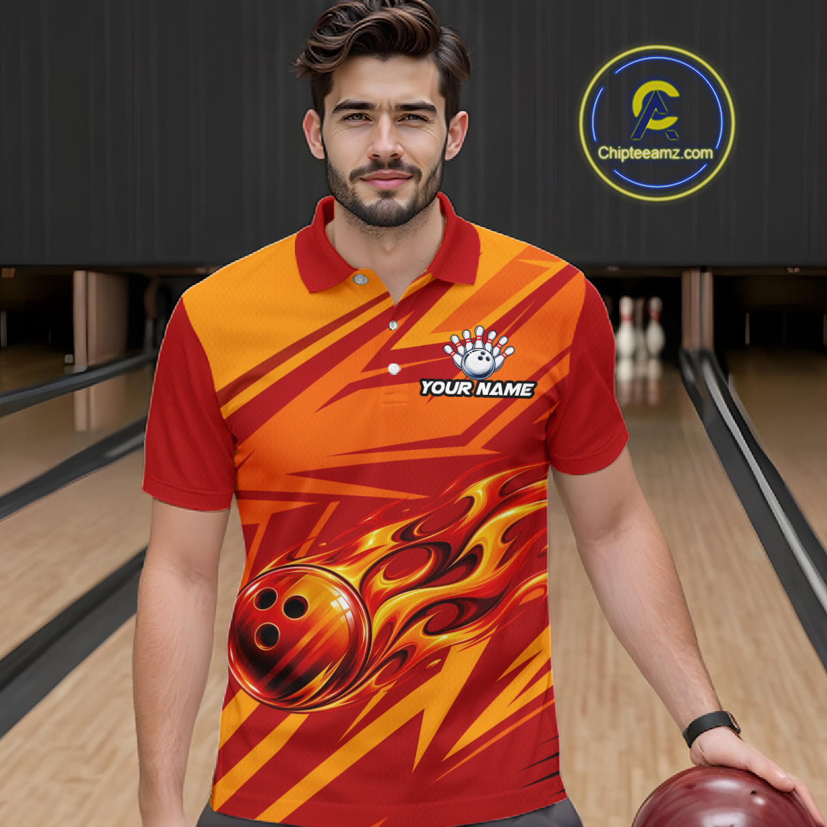 Red Orange Custom Flame Bowling Polo & 1/4 Quarter Zip Shirts For Men, Fire Bowling Team Jersey NBT982