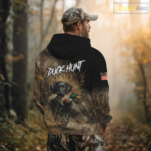 Custom Duck Hunting with Black Labrador Retriever US Flag Camo Shirts, Duck Hunting Clothes for Men NBT130
