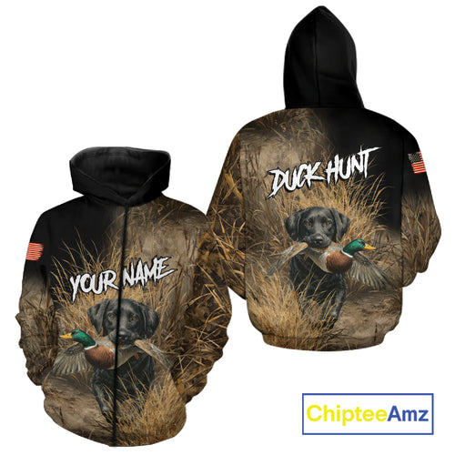 Custom Duck Hunting with Black Labrador Retriever US Flag Camo Shirts, Duck Hunting Clothes for Men NBT130
