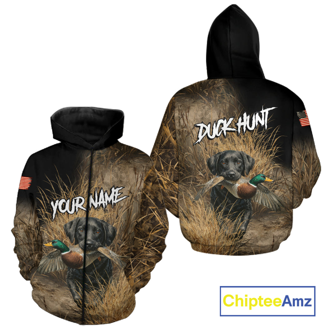 Custom Duck Hunting with Black Labrador Retriever US Flag Camo Shirts, Duck Hunting Clothes for Men NBT130