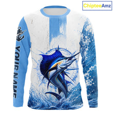 Load image into Gallery viewer, Front view Sailfish Performance Fishing Shirt custom sleeve UPF long sleeve fishing shirt