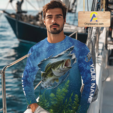 Load image into Gallery viewer, Angler wearing largemouth bass fishing shirt personalized camo long sleeve  bass fishing tournament