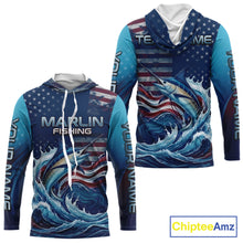 Load image into Gallery viewer, Front and back view of Personalized American Flag Marlin Fishing Shirt Patriotic Marlin Long Sleeve Hooded Shirt, long sleeve UPF 30+ fishing shirt with American Flag Marlin graphic and custom name on sleeves