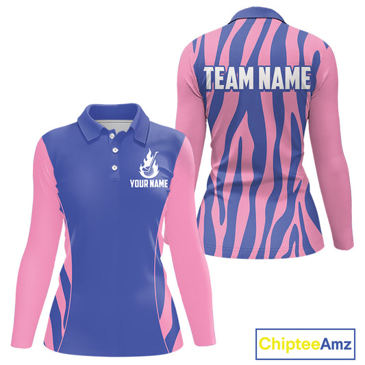 front & back view of custom name long sleeve womens golf polo shirt for golf lovers
