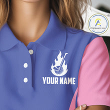 Load image into Gallery viewer, close up pink and blue animal print pattern on womens golf polo