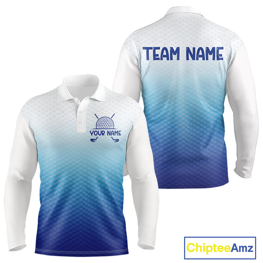 Blue White Mens Polo Golf  Shirts Custom Name Golf Shirt For Men, Golf Team Clothes NBT504