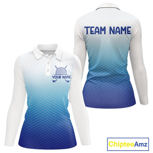 Blue White Womens Polo Golf  Shirts Custom Name Golf Shirt For Women, Golf Team Clothes NBT504