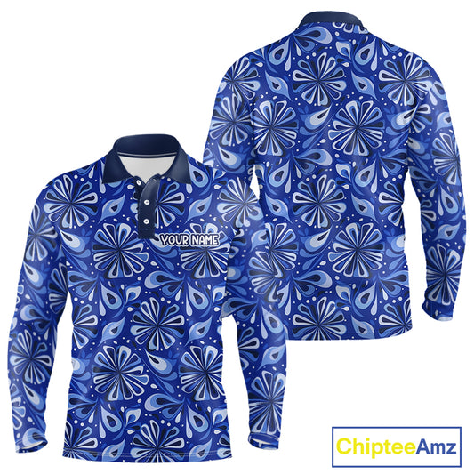 Mens Golf Polo Shirts Custom Name Blue Geometric Floral Pattern, Team Golf Shirt NBT512