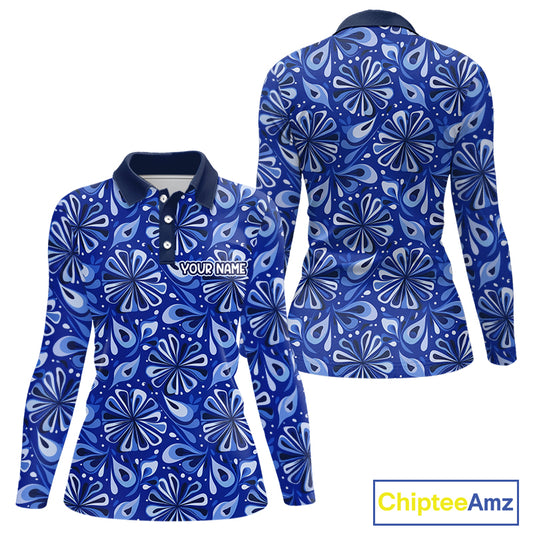Womens Golf Polo Shirts Custom Name Blue Geometric Floral Pattern, Team Golf Shirt NBT512