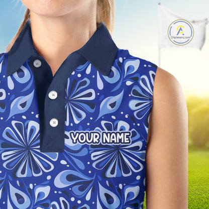 Womens Sleeveless Golf Polo Shirts Custom Name Blue Geometric Floral Pattern, Team Golf Shirt NBT512