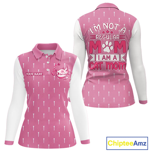 front and back view of long sleeve cat mom funny womens golf polo shirt for mother’s day gifts
