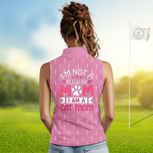 Load image into Gallery viewer, woman wearing funny womens sleeveless golf polo with “I’m not a regular mom I’m a cat mom” print