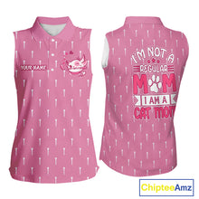 Load image into Gallery viewer, back view of humorous cat mom womens sleeveless golf polo shirt custom name golf gift
