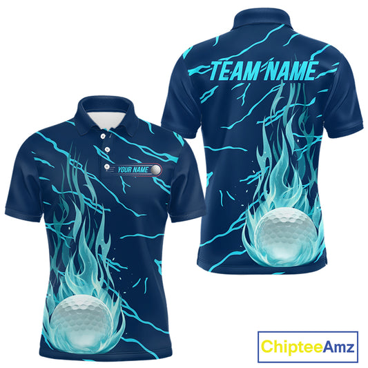 Golf balls blue flame pattern mens golf polo shirt - back view