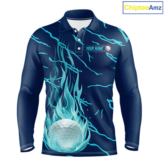 Golf balls blue flame pattern mens long sleeve golf polo shirt - front view
