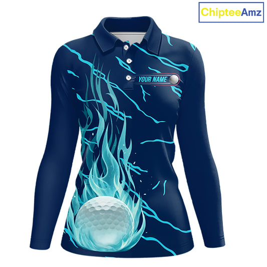 front view of long sleeve green flame golf balls womens golf polo shirt for ladies