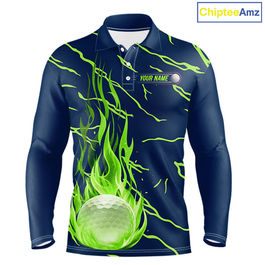 Golf balls green flame pattern mens long sleeve golf polo shirt - front view