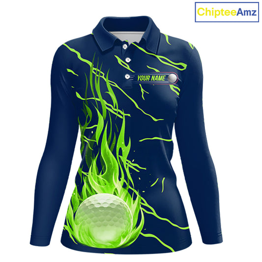 front view of long sleeve green flame golf balls womens golf polo shirt for ladies