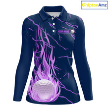Load image into Gallery viewer, front view of long sleeve purple flame golf balls womens golf polo shirt for ladies