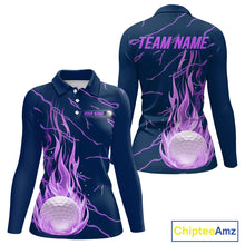 Load image into Gallery viewer, front and back view of long sleeve purple flame golf balls womens golf polo shirt for ladies