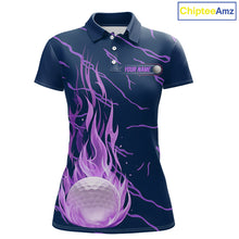 Load image into Gallery viewer, front view of purple flame golf balls womens golf polo shirt for ladies