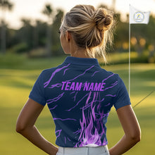Load image into Gallery viewer, woman golfer in purple flame womens golf polo with team name for golf lover