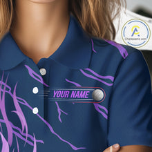 Load image into Gallery viewer, close up of purple flame golf balls print on womens golf polo shirt