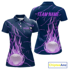 Load image into Gallery viewer, back view of purple flame pattern womens golf polo matching golf outfit