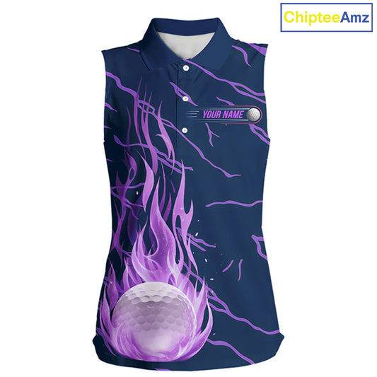 front view of purple flame golf balls womens sleeveless golf polo shirt for ladies