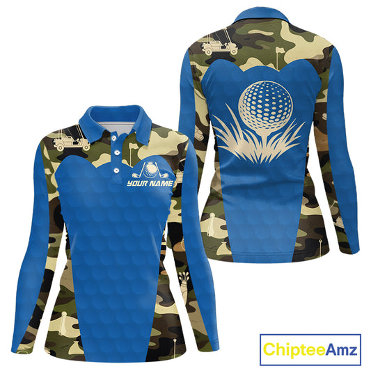 Blue Camo Womens Golf Polo Shirts Custom Golf Outfit For Ladies, Team Golf Shirts NBT632