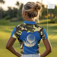 Load image into Gallery viewer, Blue Camo Womens Golf Polo Shirts Custom Golf Outfit For Ladies, Team Golf Shirts NBT632