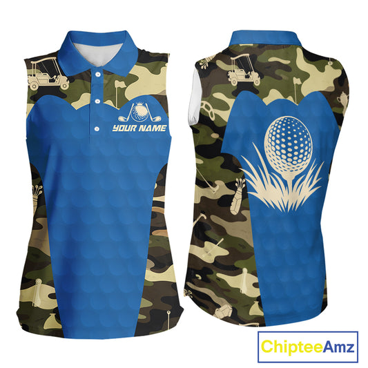 Blue Camo Womens Sleeveless Golf Polo Shirts Custom Golf Outfit For Ladies, Team Golf Shirts NBT632