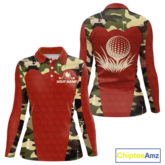 Red Camo Womens Golf Polo Shirts Custom Golf Outfit For Ladies, Team Golf Shirts NBT633