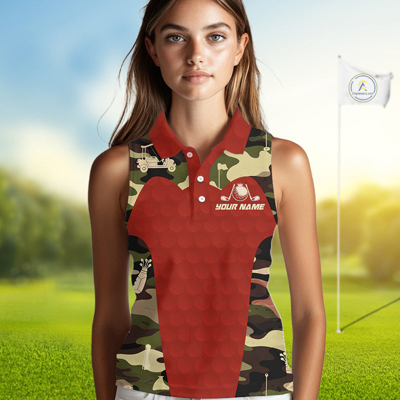 Red Camo Womens Sleeveless Golf Polo Shirts Custom Golf Outfit For Ladies, Team Golf Shirts NBT633