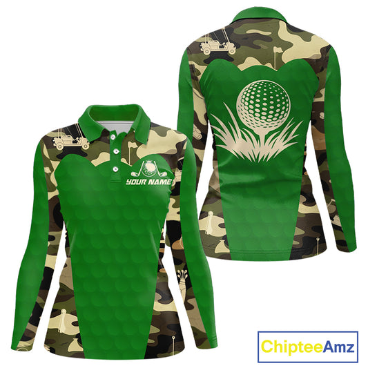 Green Camo Womens Golf Polo Shirts Custom Golf Outfit For Ladies, Team Golf Shirts NBT634