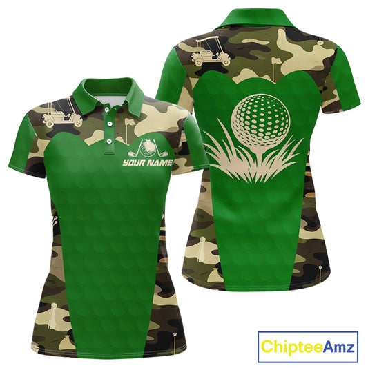 Green Camo Womens Golf Polo Shirts Custom Golf Outfit For Ladies, Team Golf Shirts NBT634